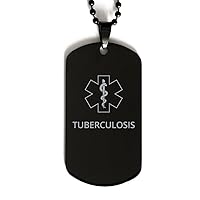 Medical Alert Black Dog Tag, Tuberculosis Awareness, SOS Emergency Health Life Alert ID Engraved Stainless Steel Chain Necklace For Men Women Kids