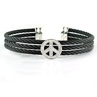 Sterling Silver Peace Diamond Bangle with Black Color Stainless Steel Cable