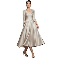 Women's V Neck 3/4 Sleeve Evening Dresses Tea-Length Formal Party Gowns Silver Gray