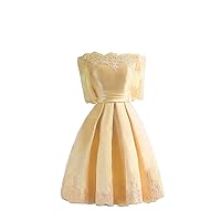 Women's Half Sleeve Satin A Line Homecoming Dress Lace Appliqued Short Cocktail Dresses Light Yellow