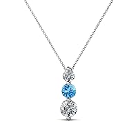 Round Blue Topaz Natural Diamond 3/4 ctw Graduated Three Stone Drop Pendant. Included 16 Inches Chain 14K Gold