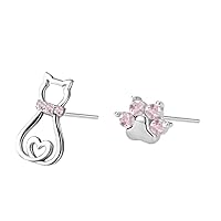 Tiny Cat Paw Stud Earrings for Women Girls 925 Sterling Silver Hypoallergenic Asymmetric Cute Love Heart Pink CZ Kitten Animal Pawprint Cartilage Tragus Post Nickel Free Birthday Christmas Thanksgiving Jewelry Gifts Daughter