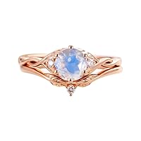 Vintage Moonstone Engagement Ring set, Rose Gold Round cut Moissanite Matching Ring set, Promise Anniversary Band Gifts for Women