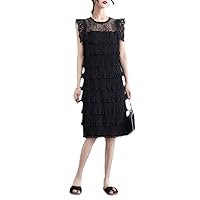 Black Tierred Pleated Dress Women Sleeveless Straight Ruffle Pleated Dress Spliced Lace Vintage Knee-Length Summer
