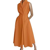 Linen Elastic High Waist Shirt Dress Women Button Sleeveless Casual Loose Flowy Maxi Dresses with 2 Side Pockets