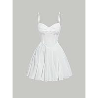 Women's Dress Solid Ruched Bust Cami Dress Dress (Color : White, Size : X-Small)