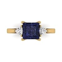 Clara Pucci 2.5 ct Princess Trillion cut 3 Stone W/Accent Simulated Blue Sapphire Anniversary Promise Bridal ring 18K Yellow Gold