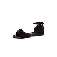 Womens Sweet Bowknot Flat Sandals with Metal Buckle Wide Band Faux Suede Summer Shoes Black