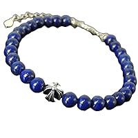 Natural Lapis Lazuli 8mm Round Shape Smooth Cut Gemstone Beads 7 Inch Adjustable Silver Plated Clasp Bracelet With Star Charm For Men, Women. Natural Gemstone Link Bracelet. | Lcbr_04311