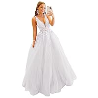 Women's Tulle Prom Dresses Lace Applique Long Ball Gowns A Line Formal Evening Gowns