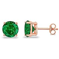 Round Cut Created Green Emerald 14k Rose Gold Pleated 925 Sterling Silver Anniversary Wedding Solitaire Stud Earrings For Women & Girls