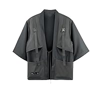 Black gray9 Kimono Jacket Men Cardigan Streetwear Outerwear Biker Asymmetrical Hip Hop Coat For Loose