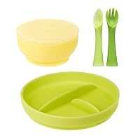 Olababy Training Fork, Training Spoon, Suction Bowl(Lemon) and Suction Plate(Kiwi) Bundle