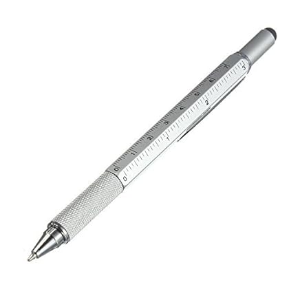 6 in 1 Multitool Pen with Gift Box - Includes 1 Ballpoint Pen, Universal Stylus Pen, Ruler,Flat and Phillips Screwdriver Bit, Level Gauge - The Perfect Multi-Function Gadget (Model A, 1PCS SILVER)