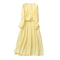Designer Elegant Autumn Long Sleeve Dress Women Yellow Midi Party Dresses Solid Casual Robe Women