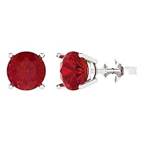 3.94cttw Round Cut Solitaire Genuine Simulated Red Ruby Unisex Pair of Designer Stud Earrings Solid 14k White Gold Push Back