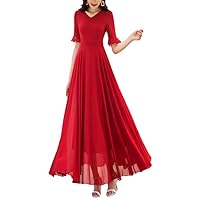 Women's Fashion V-Neck Short Sleeve Solid Color Knee-Length A-Line Dresses Elegant Comfortable Chiffon Dresses