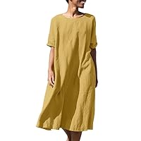Womens Cotton Linen Round Neck Midi Dress Loose Solid Roll Up Short Sleeve Flowy Pleated A-Line Waistband Sundress