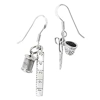 Sewing Kit Craft Lover Spool .925 Sterling Silver Scissors Dangle Thimble Earrings
