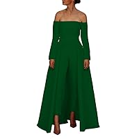 VeraQueen Women's Off Shoulder Jumpsuits Prom Dresses with Detachable Train Long Sleeves Floor Length Evening Gowns