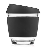 Reusable Glass Cup Travel Mug Tumbler with Food-grade Silicon Cover Lid and Non-slip Sleeve, Dishwasher safe & microwavable - BPA, Lead and Cadmium Free (Black, 8oz)