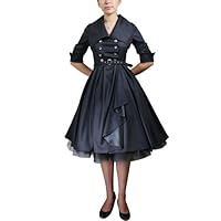 Vintage Inspired Large Collar Double Breasted Steampunk Full Skirt Side Ruffle Satin Dress