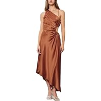 MOON RIVER Women's Terracotta One Shoulder Waist Cut-Out Shirred Asymmetric Midi Dress