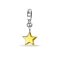 Celestial Dreamer Crescent Man In The Moon Two Tone Star Dangle Charm Bead For Women Teen Yellow 14K Gold Plated .925 Sterling Silver Fits European Bracelet