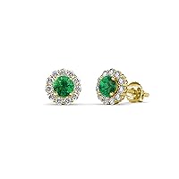 Round Emerald Natural Diamond 5/8 ctw Women Halo Stud Earrings 14K Gold