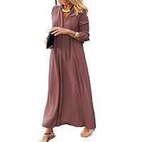 Women's A-Line Maxi Dress Long Sleeve V-Neck High Waist Solid Color Simple Collared Shirt Style Women Dress