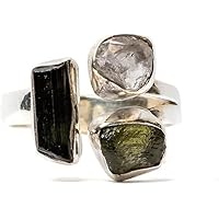 Moldavite Ring, Black Tourmaline, Herkimer Diamond Ring Czech Republic Natural Gemstone 925 Solid Sterling Silver Handmade Jewelry