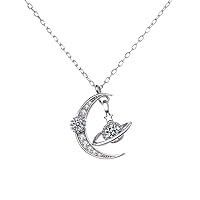 Planet Necklace Saturn Moon Pendant Sterling Silver Necklace Crescent Chain Long Necklace Cubic Zirconia Jewelry for Woman, Mother, Girls, 1.5x1.3cm (6ICI208H518R250417LO88)