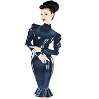 Plus Size Gothic Puff Sleeve Mermaid Dress Ladies PVC Midi Vestido (Navy Blue,L)