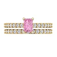 Clara Pucci 1.38ct Emerald Round Cut Pave Solitaire with Accent Pink Zircon Statement Bridal Wedding Ring Band Set 14k Yellow Gold