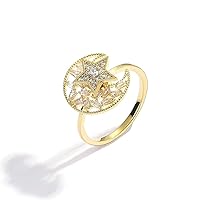 Moon Star Fidget Ring Women's Wedding Band Cubic Zirconia Spinner Ring Girl's Rotatable Rings Relieving Anxiety and Stress, Gold Color