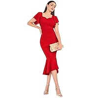 2023 Women's Dresses Sweetheart Neck Butterfly Sleeve Tie Backless Mermaid Hem Bodycon Dress Women's Dresses (Color : Red, Size : X-Large)