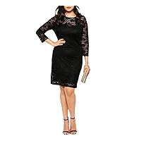 Plus Size Lace Party Round Neck Dress Women Solid Long Sleeve Sheath Office Dress