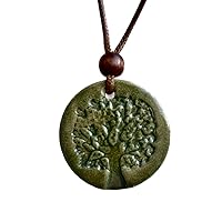 Tree of Life - Green Handmade Ceramic Pendant Necklace, Adjustable Cord, for Unisex, Women, Men, Bohemian, Rustic, Vintage Style Jewelry