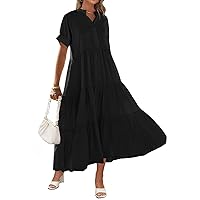 Women Short Sleeve Summer Dress Button Down V Neck Ruffle Tiered Maxi Dresses