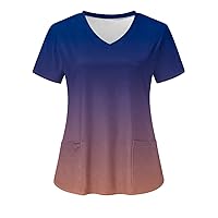 Short Sleeve Tops for Women Summer Fall V Neck Gradient Colorblock Work Scrub Top T Shirt Blouse Women 2024