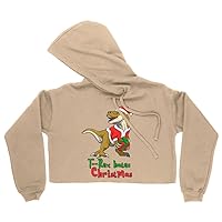 T Rex Hates Christmas Women's Cropped Fleece Hoodie - Dino Print Cropped Hoodie for Women - Funny Hooded Sweatshirt