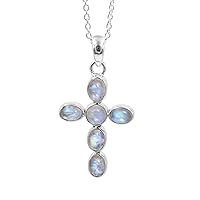 Genuine Gemstone Cross Pendant Necklace For Men, Women, and Girls 925 Sterling Silver With Chain - Turquoise, Moonstone, Garnet, Kyanite (Moonstone)