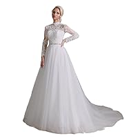 Vintage Lace Wedding Dress High Neck Bridal Gown with Long Sleeves