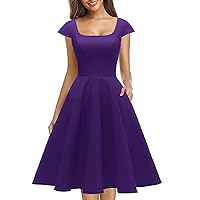 PUKAVT Women's Cocktail Party Dress Cap Sleeve 1950 Retro Swing Dress with Pockets