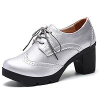 通用 Women Leather Chunky Shoes Platform Work Shoes (Medium, Silver, Numeric_10)