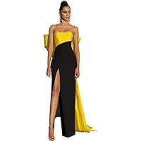 Women's Satin Tube Top Prom Dress with Slit Long Sheath Column Formal Evening Dress with Bow