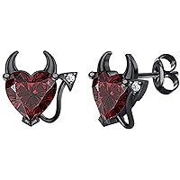 Created Heart Cut Red Garnet 925 Sterling Silver 14K Gold Over Diamond Devil Heart Stud Earring for Women's & Girl's