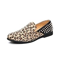 Mens Suede Leopard Loafers Leather Back Spiked Slip on Dress Shoes Slipper Luxury Fashion Penny Prom Shoes