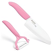 KYOCERA Revolution Ceramic Kitchen Knife and Peeler, 5.5 inch, Pink/White