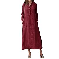Women's Long Sleeved Solid Color Casual Maxi Long Shirt Dresses with Pockets